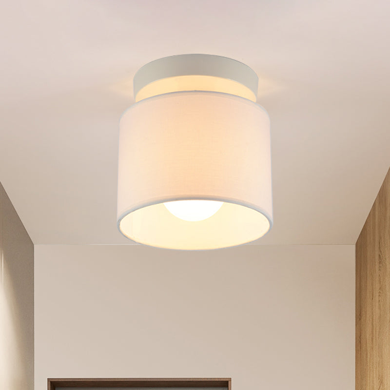 Mini Barrel Semi Mount Lighting Simplicity Fabric 1 Bulb Flaxen/White Ceiling Flush Light for Foyer Clearhalo 'Ceiling Lights' 'Close To Ceiling Lights' 'Close to ceiling' 'Semi-flushmount' Lighting' 1459956