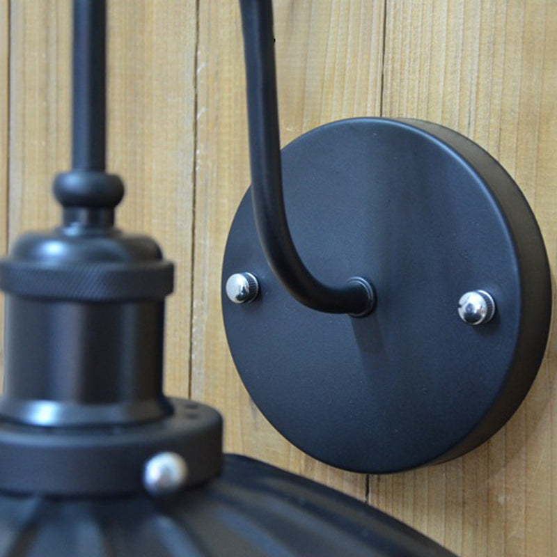 Gooseneck Metal Wall Sconce Light Industrial 9.5"/13" W 1 Light Corridor Wall Lamp with Scalloped Shade in Black Clearhalo 'Art deco wall lights' 'Cast Iron' 'Glass' 'Industrial wall lights' 'Industrial' 'Middle century wall lights' 'Modern' 'Rustic wall lights' 'Tiffany' 'Traditional wall lights' 'Wall Lamps & Sconces' 'Wall Lights' Lighting' 145997