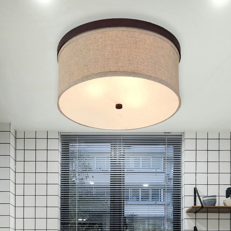 Simple 3-Light Flush Mount Flaxen Drum Ceiling Lighting with Fabric Shade and Diffuser Clearhalo 'Ceiling Lights' 'Close To Ceiling Lights' 'Close to ceiling' 'Flush mount' Lighting' 1459974