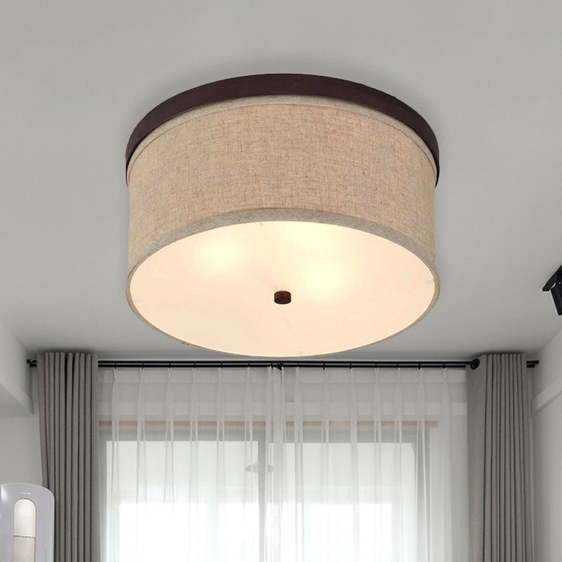 Simple 3-Light Flush Mount Flaxen Drum Ceiling Lighting with Fabric Shade and Diffuser Clearhalo 'Ceiling Lights' 'Close To Ceiling Lights' 'Close to ceiling' 'Flush mount' Lighting' 1459975
