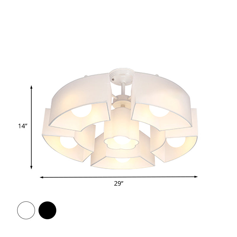 Black/White Curved Block Flushmount Contemporary 6 Heads Fabric Semi Mount Lighting for Living Room - Clearhalo - 'Ceiling Lights' - 'Close To Ceiling Lights' - 'Close to ceiling' - 'Semi-flushmount' - Lighting' - 1459996