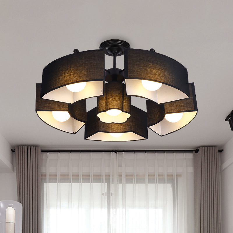 Black/White Curved Block Flushmount Contemporary 6 Heads Fabric Semi Mount Lighting for Living Room - Clearhalo - 'Ceiling Lights' - 'Close To Ceiling Lights' - 'Close to ceiling' - 'Semi-flushmount' - Lighting' - 1459998