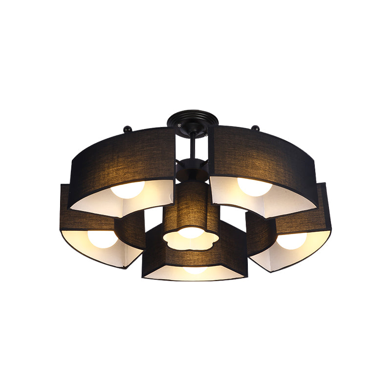Black/White Curved Block Flushmount Contemporary 6 Heads Fabric Semi Mount Lighting for Living Room - Clearhalo - 'Ceiling Lights' - 'Close To Ceiling Lights' - 'Close to ceiling' - 'Semi-flushmount' - Lighting' - 1459999