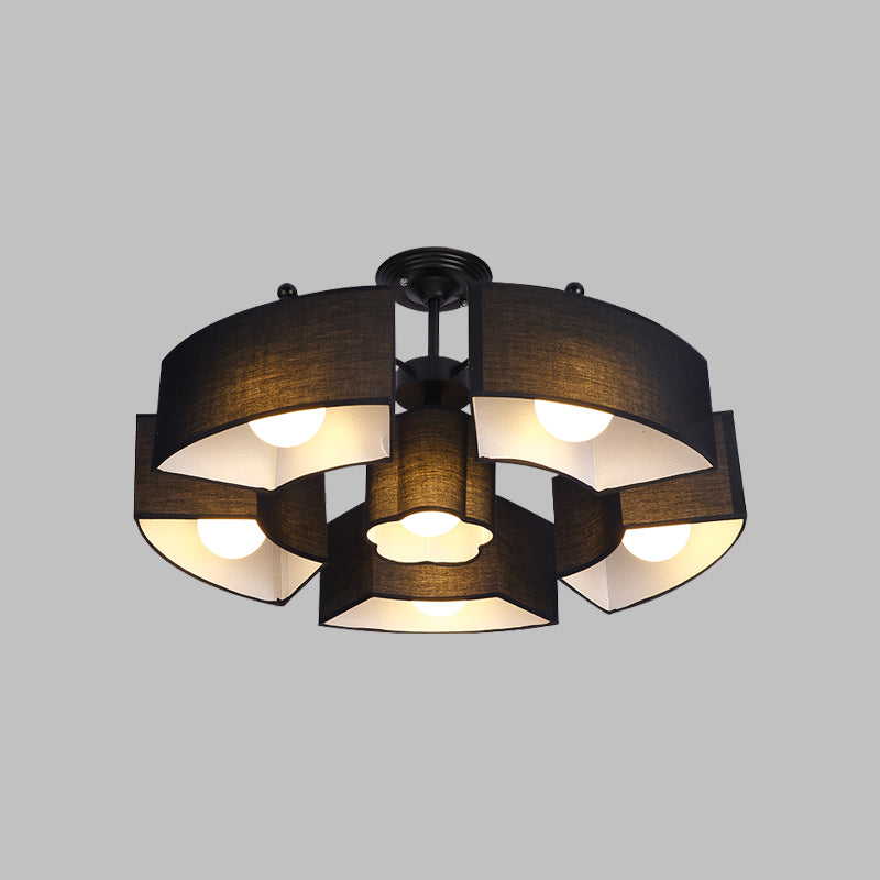 Black/White Curved Block Flushmount Contemporary 6 Heads Fabric Semi Mount Lighting for Living Room - Clearhalo - 'Ceiling Lights' - 'Close To Ceiling Lights' - 'Close to ceiling' - 'Semi-flushmount' - Lighting' - 1460000