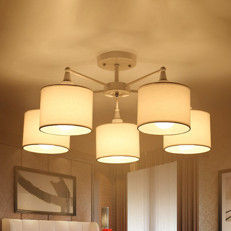 Short Cylinder Semi Flush Mount Lamp Nordic Fabric 5 Bulbs Bedroom Ceiling Mount Chandelier in White White Clearhalo 'Ceiling Lights' 'Close To Ceiling Lights' 'Close to ceiling' 'Semi-flushmount' Lighting' 1460001