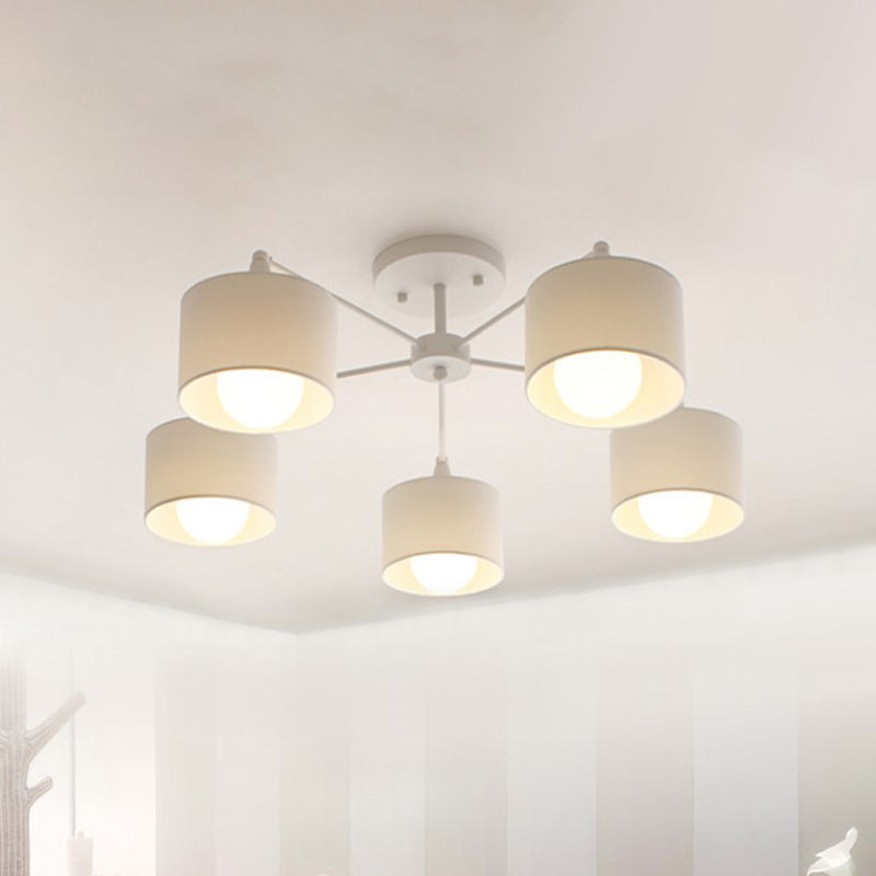 Short Cylinder Semi Flush Mount Lamp Nordic Fabric 5 Bulbs Bedroom Ceiling Mount Chandelier in White Clearhalo 'Ceiling Lights' 'Close To Ceiling Lights' 'Close to ceiling' 'Semi-flushmount' Lighting' 1460002