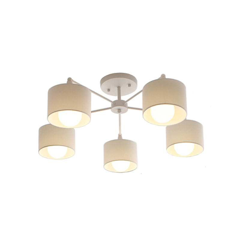Short Cylinder Semi Flush Mount Lamp Nordic Fabric 5 Bulbs Bedroom Ceiling Mount Chandelier in White Clearhalo 'Ceiling Lights' 'Close To Ceiling Lights' 'Close to ceiling' 'Semi-flushmount' Lighting' 1460003