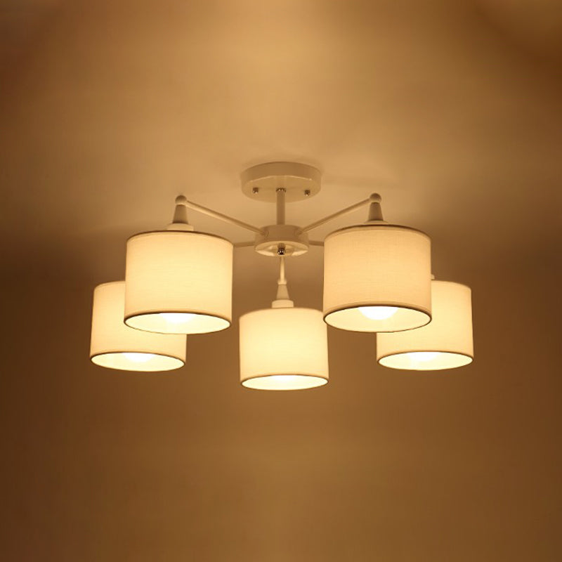 Short Cylinder Semi Flush Mount Lamp Nordic Fabric 5 Bulbs Bedroom Ceiling Mount Chandelier in White Clearhalo 'Ceiling Lights' 'Close To Ceiling Lights' 'Close to ceiling' 'Semi-flushmount' Lighting' 1460004