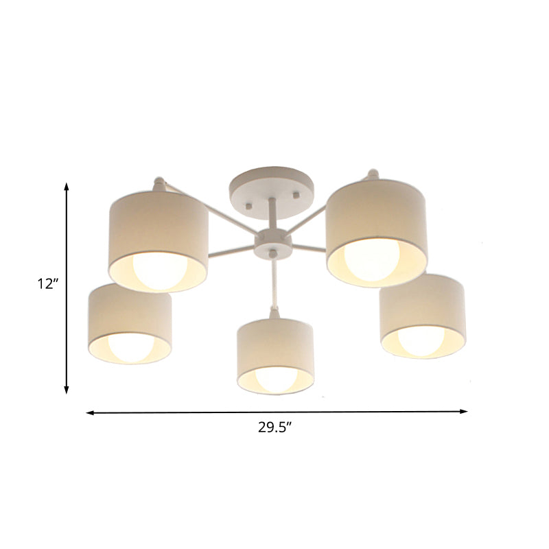 Short Cylinder Semi Flush Mount Lamp Nordic Fabric 5 Bulbs Bedroom Ceiling Mount Chandelier in White Clearhalo 'Ceiling Lights' 'Close To Ceiling Lights' 'Close to ceiling' 'Semi-flushmount' Lighting' 1460005