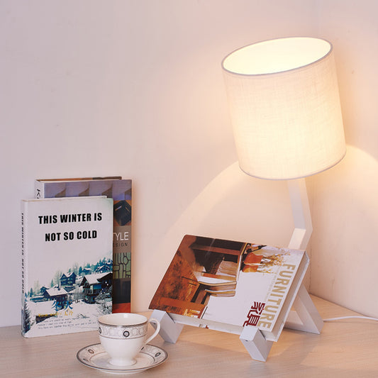 Iron Bot Table Light Nordic Creative 1 Light White Nightstand Lamp with Bookshelf Function and Barrel Fabric Shade White Clearhalo 'Lamps' 'Table Lamps' Lighting' 1460026