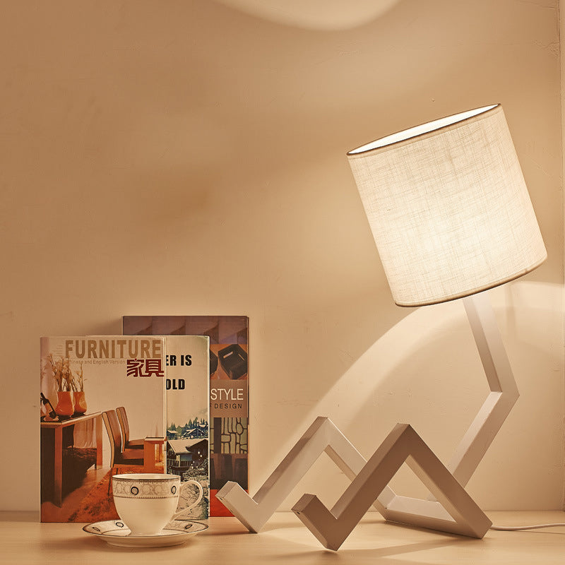 Iron Bot Table Light Nordic Creative 1 Light White Nightstand Lamp with Bookshelf Function and Barrel Fabric Shade Clearhalo 'Lamps' 'Table Lamps' Lighting' 1460028