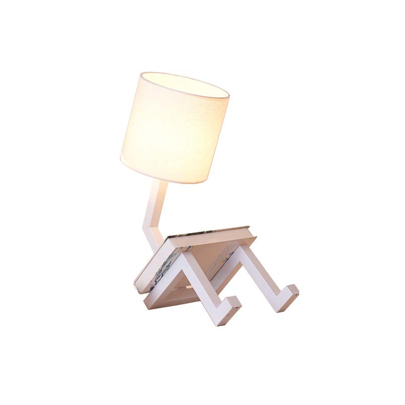 Iron Bot Table Light Nordic Creative 1 Light White Nightstand Lamp with Bookshelf Function and Barrel Fabric Shade Clearhalo 'Lamps' 'Table Lamps' Lighting' 1460029