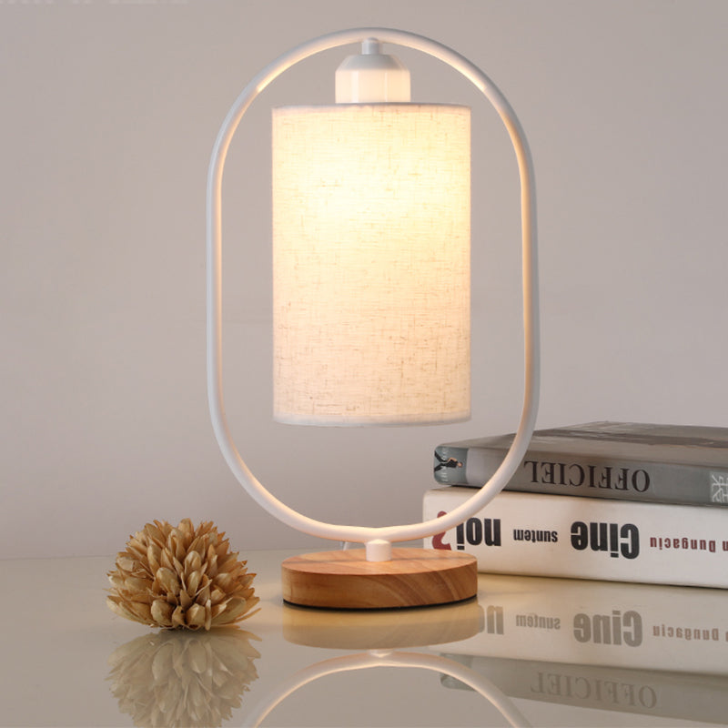 Column Plug In Nightstand Lighting Modern Fabric 1-Light Bedside Table Light with Black/White Ellipse Frame and Wood Base White Clearhalo 'Lamps' 'Table Lamps' Lighting' 1460031