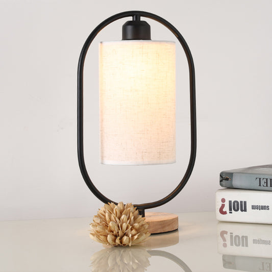 Column Plug In Nightstand Lighting Modern Fabric 1-Light Bedside Table Light with Black/White Ellipse Frame and Wood Base Black Clearhalo 'Lamps' 'Table Lamps' Lighting' 1460036