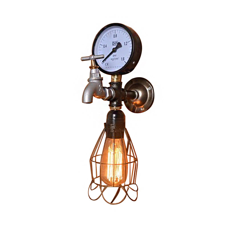 Industrial Diamond Cage Wall Lamp 1 Light Wrought Iron Wall Lighting with Gauge and Faucet in Silver/Blue Clearhalo 'Art deco wall lights' 'Cast Iron' 'Glass' 'Industrial wall lights' 'Industrial' 'Middle century wall lights' 'Modern' 'Rustic wall lights' 'Tiffany' 'Traditional wall lights' 'Wall Lamps & Sconces' 'Wall Lights' Lighting' 146004