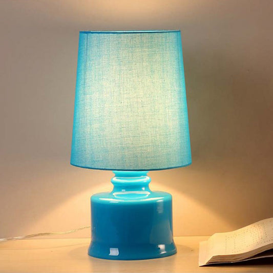 Fabric Cylindrical Night Lamp Macaron 1 Light Blue/Yellow/White Table Light with Drum Glass Base Blue Clearhalo 'Lamps' 'Table Lamps' Lighting' 1460064