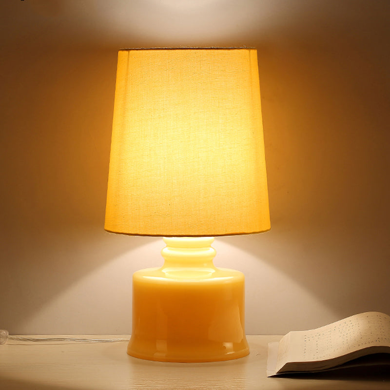 Fabric Cylindrical Night Lamp Macaron 1 Light Blue/Yellow/White Table Light with Drum Glass Base Yellow Clearhalo 'Lamps' 'Table Lamps' Lighting' 1460068