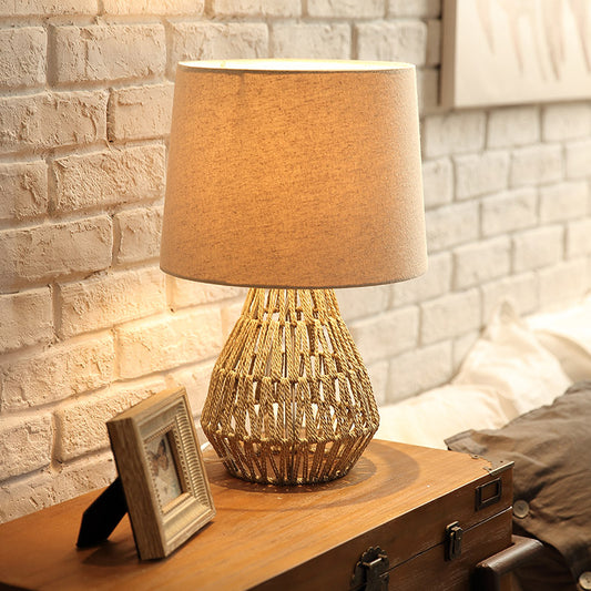 Flaxen Empire Shade Nightstand Light Nordic 1 Bulb Fabric Table Lamp with Rope Woven Urn Base Clearhalo 'Lamps' 'Table Lamps' Lighting' 1460074