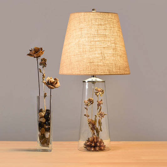 Modern 1 Head Table Light Clear Waterdrop/Bottle Glass Night Lighting with Dried Flower Decor and Flaxen Fabric Shade Flaxen Bottle Clearhalo 'Lamps' 'Table Lamps' Lighting' 1460082