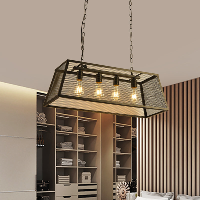 Black 4 Lights Island Lamp Industrial Iron Trapezoid Wire Mesh Suspension Pendant Light for Dining Room Clearhalo 'Ceiling Lights' 'Island Lights' Lighting' 1460118