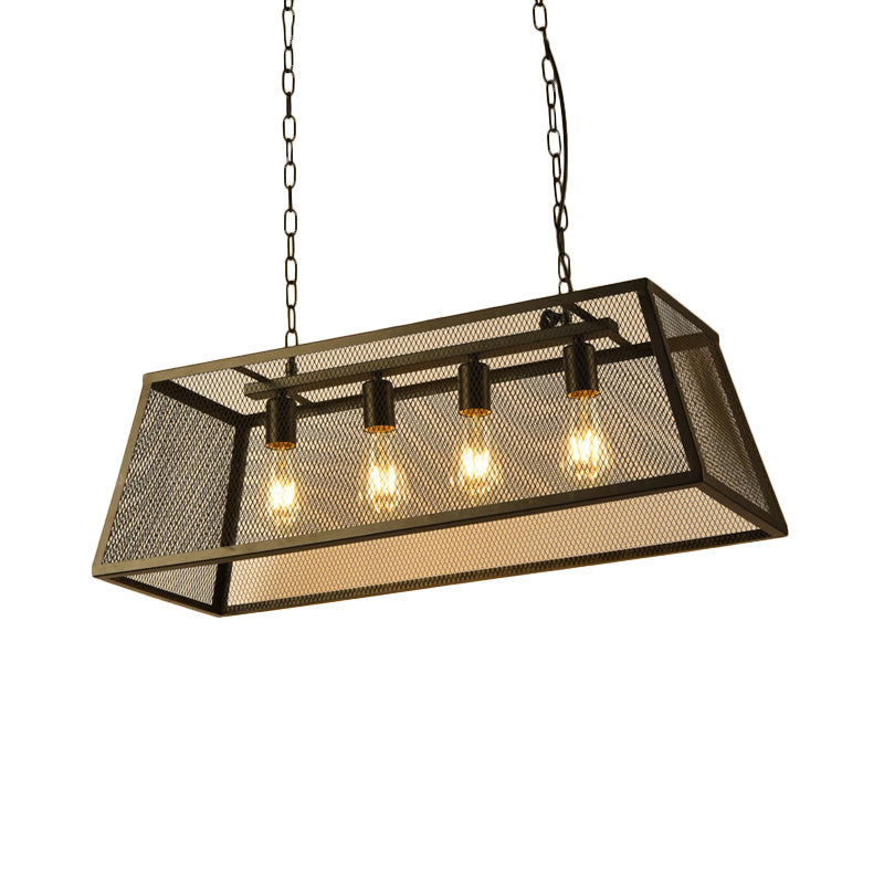 Black 4 Lights Island Lamp Industrial Iron Trapezoid Wire Mesh Suspension Pendant Light for Dining Room Clearhalo 'Ceiling Lights' 'Island Lights' Lighting' 1460119