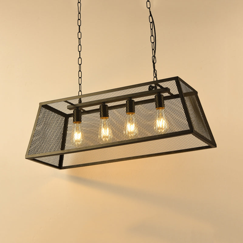 Black 4 Lights Island Lamp Industrial Iron Trapezoid Wire Mesh Suspension Pendant Light for Dining Room Clearhalo 'Ceiling Lights' 'Island Lights' Lighting' 1460120