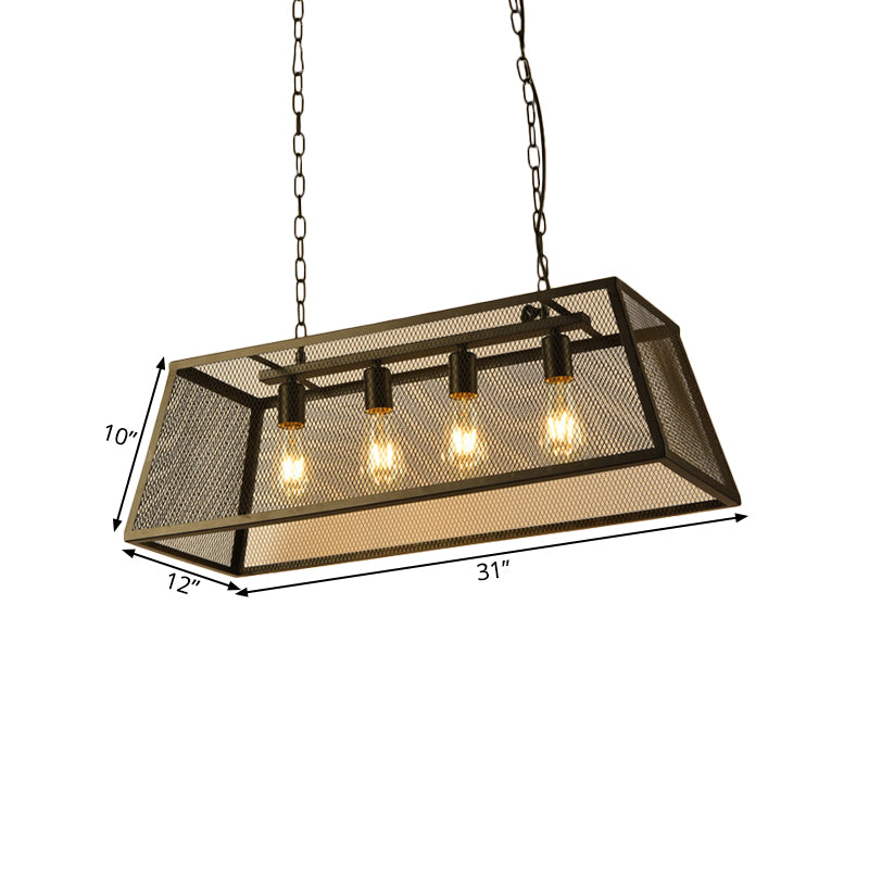 Black 4 Lights Island Lamp Industrial Iron Trapezoid Wire Mesh Suspension Pendant Light for Dining Room Clearhalo 'Ceiling Lights' 'Island Lights' Lighting' 1460121