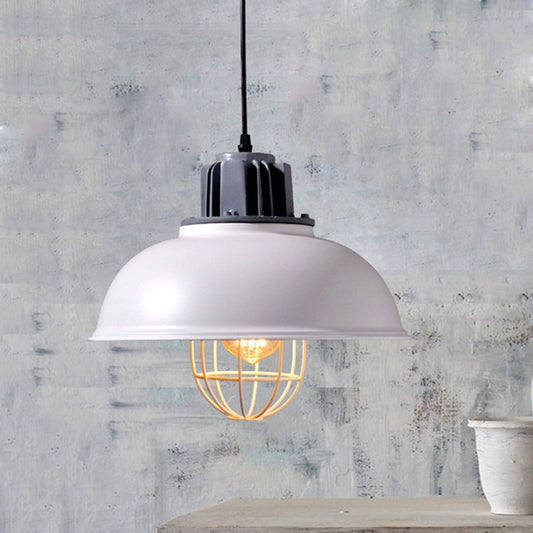 White/Black 1-Bulb Pendant Light Factory Iron Bowl Shape Ceiling Suspension Lamp with Wire Cage Frame White Clearhalo 'Art Deco Pendants' 'Black' 'Cast Iron' 'Ceiling Lights' 'Ceramic' 'Crystal' 'Industrial Pendants' 'Industrial' 'Metal' 'Middle Century Pendants' 'Pendant Lights' 'Pendants' 'Rustic Pendants' 'Tiffany' Lighting' 1460141