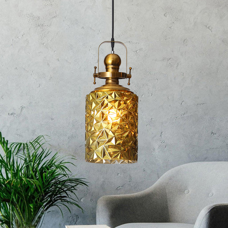 Loft Cylindrical Ceiling Hang Fixture 1 Bulb Rust/Chrome/Gold Textured Glass Pendant Lighting for Restaurant Gold Clearhalo 'Ceiling Lights' 'Glass shade' 'Glass' 'Industrial Pendants' 'Industrial' 'Middle Century Pendants' 'Pendant Lights' 'Pendants' 'Tiffany' Lighting' 1460203