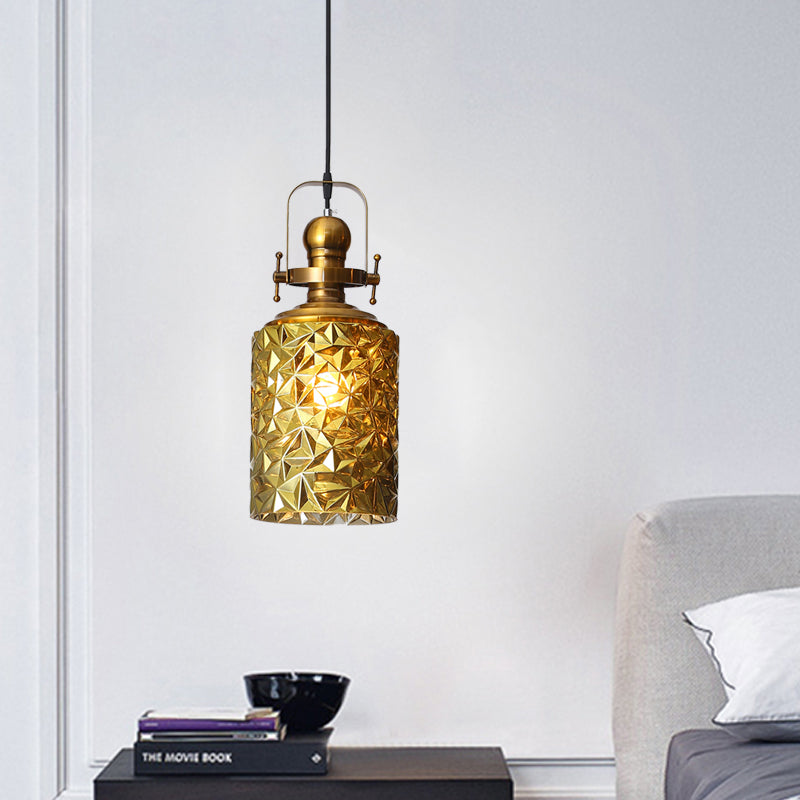 Loft Cylindrical Ceiling Hang Fixture 1 Bulb Rust/Chrome/Gold Textured Glass Pendant Lighting for Restaurant Clearhalo 'Ceiling Lights' 'Glass shade' 'Glass' 'Industrial Pendants' 'Industrial' 'Middle Century Pendants' 'Pendant Lights' 'Pendants' 'Tiffany' Lighting' 1460204