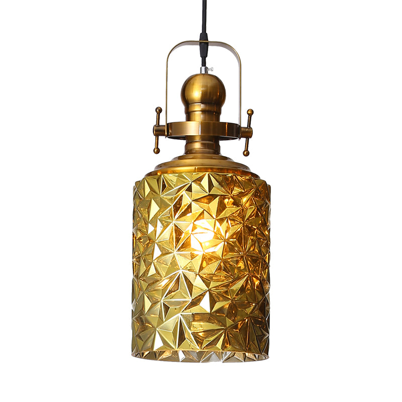 Loft Cylindrical Ceiling Hang Fixture 1 Bulb Rust/Chrome/Gold Textured Glass Pendant Lighting for Restaurant Clearhalo 'Ceiling Lights' 'Glass shade' 'Glass' 'Industrial Pendants' 'Industrial' 'Middle Century Pendants' 'Pendant Lights' 'Pendants' 'Tiffany' Lighting' 1460206