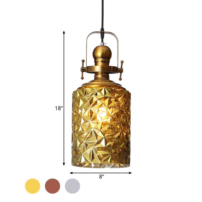 Loft Cylindrical Ceiling Hang Fixture 1 Bulb Rust/Chrome/Gold Textured Glass Pendant Lighting for Restaurant Clearhalo 'Ceiling Lights' 'Glass shade' 'Glass' 'Industrial Pendants' 'Industrial' 'Middle Century Pendants' 'Pendant Lights' 'Pendants' 'Tiffany' Lighting' 1460207