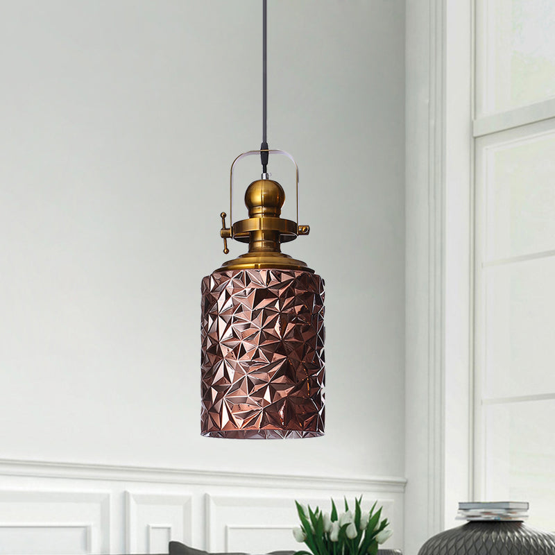 Loft Cylindrical Ceiling Hang Fixture 1 Bulb Rust/Chrome/Gold Textured Glass Pendant Lighting for Restaurant Clearhalo 'Ceiling Lights' 'Glass shade' 'Glass' 'Industrial Pendants' 'Industrial' 'Middle Century Pendants' 'Pendant Lights' 'Pendants' 'Tiffany' Lighting' 1460209
