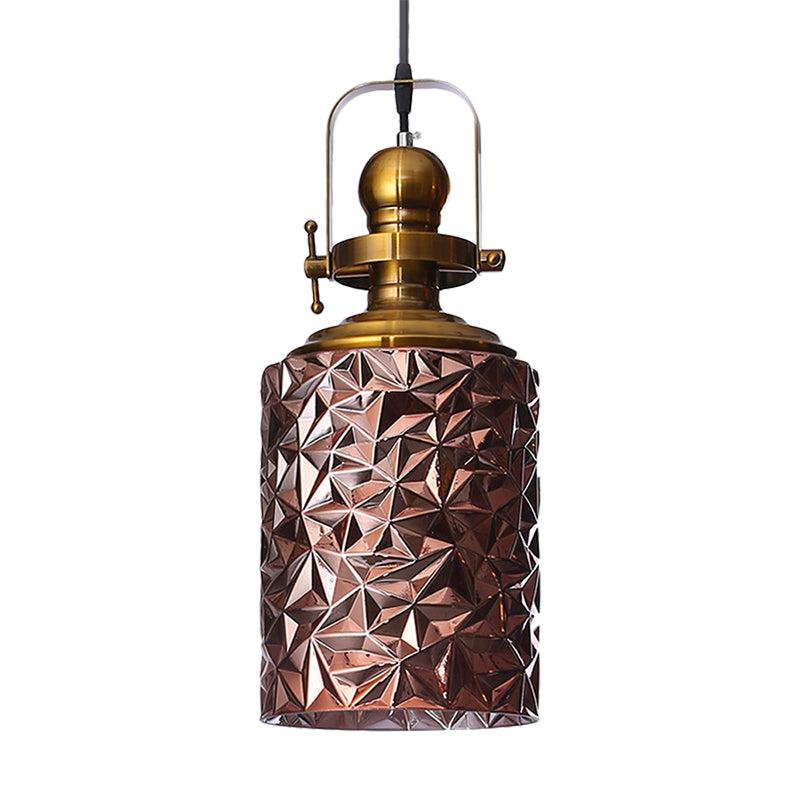 Loft Cylindrical Ceiling Hang Fixture 1 Bulb Rust/Chrome/Gold Textured Glass Pendant Lighting for Restaurant Clearhalo 'Ceiling Lights' 'Glass shade' 'Glass' 'Industrial Pendants' 'Industrial' 'Middle Century Pendants' 'Pendant Lights' 'Pendants' 'Tiffany' Lighting' 1460211