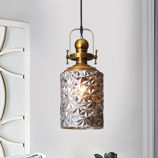 Loft Cylindrical Ceiling Hang Fixture 1 Bulb Rust/Chrome/Gold Textured Glass Pendant Lighting for Restaurant Chrome Clearhalo 'Ceiling Lights' 'Glass shade' 'Glass' 'Industrial Pendants' 'Industrial' 'Middle Century Pendants' 'Pendant Lights' 'Pendants' 'Tiffany' Lighting' 1460212