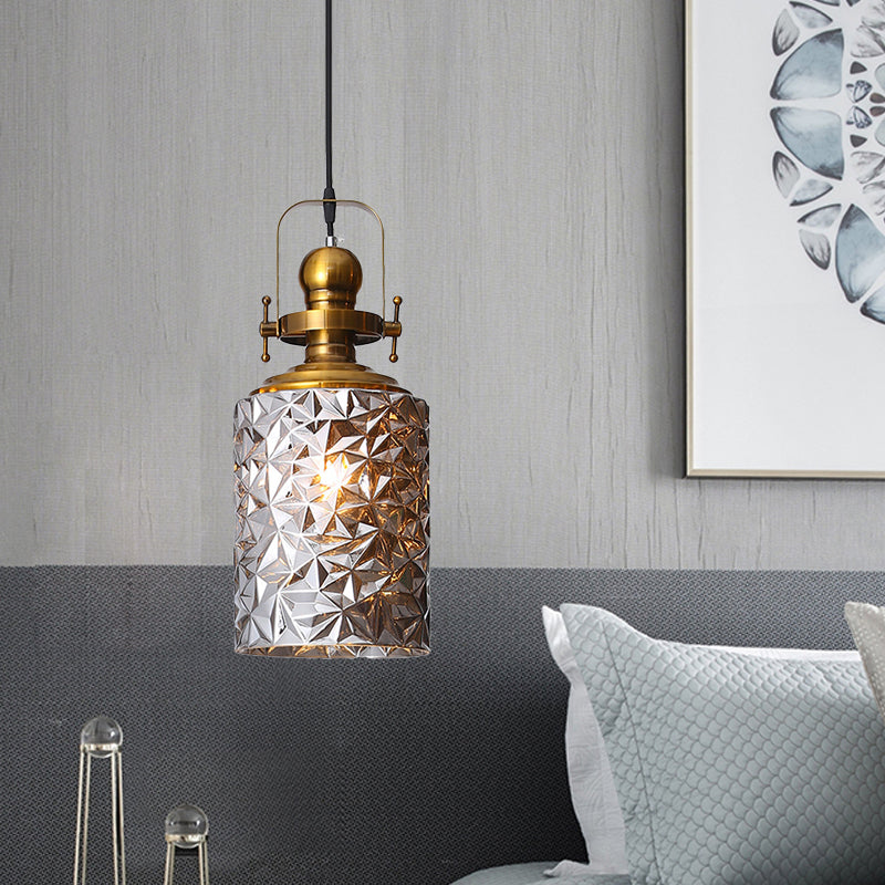 Loft Cylindrical Ceiling Hang Fixture 1 Bulb Rust/Chrome/Gold Textured Glass Pendant Lighting for Restaurant Clearhalo 'Ceiling Lights' 'Glass shade' 'Glass' 'Industrial Pendants' 'Industrial' 'Middle Century Pendants' 'Pendant Lights' 'Pendants' 'Tiffany' Lighting' 1460213