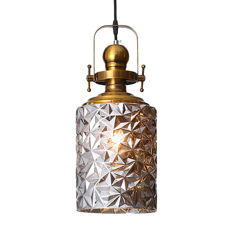 Loft Cylindrical Ceiling Hang Fixture 1 Bulb Rust/Chrome/Gold Textured Glass Pendant Lighting for Restaurant Clearhalo 'Ceiling Lights' 'Glass shade' 'Glass' 'Industrial Pendants' 'Industrial' 'Middle Century Pendants' 'Pendant Lights' 'Pendants' 'Tiffany' Lighting' 1460215