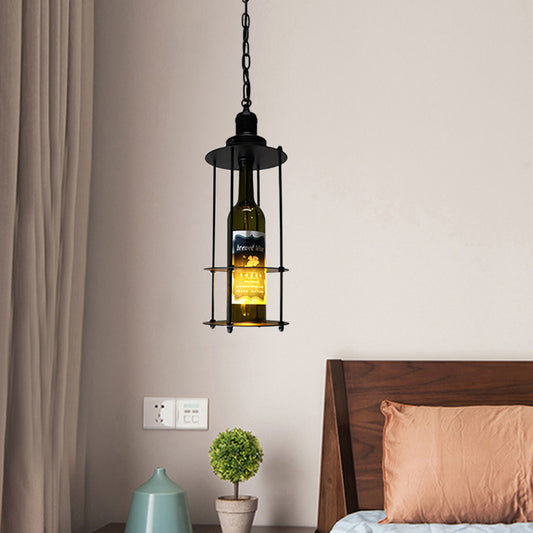 Vintage Wine Bottle Drop Pendant 1 Bulb Black Glass Hanging Lamp in Black with Wire Cage Clearhalo 'Ceiling Lights' 'Glass shade' 'Glass' 'Industrial Pendants' 'Industrial' 'Middle Century Pendants' 'Pendant Lights' 'Pendants' 'Tiffany' Lighting' 1460241