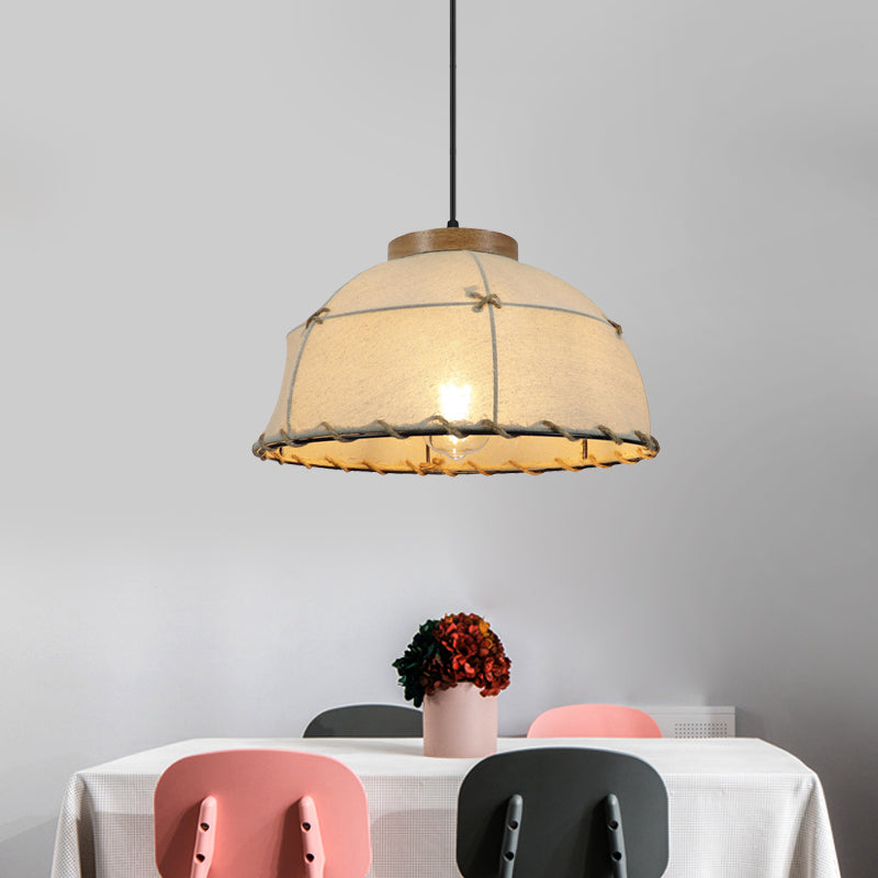 Fabric Beige Ceiling Suspension Lamp Bowl 1 Light Farm Style Pendant Light with Wooden Top, 14"/16"/18" Wide Clearhalo 'Ceiling Lights' 'Industrial Pendants' 'Industrial' 'Middle Century Pendants' 'Pendant Lights' 'Pendants' 'Tiffany' Lighting' 1460246