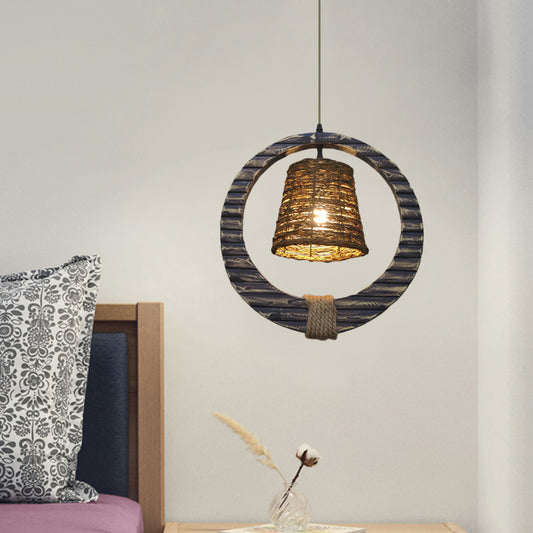 Antique Cone Suspension Pendant Light 1 Bulb Rattan Hanging Lamp in Black with Hemp Rope and Round Wood Clearhalo 'Ceiling Lights' 'Industrial Pendants' 'Industrial' 'Middle Century Pendants' 'Pendant Lights' 'Pendants' 'Tiffany' Lighting' 1460252