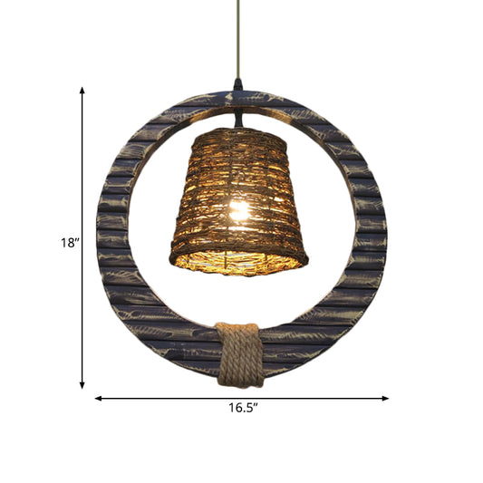 Antique Cone Suspension Pendant Light 1 Bulb Rattan Hanging Lamp in Black with Hemp Rope and Round Wood Clearhalo 'Ceiling Lights' 'Industrial Pendants' 'Industrial' 'Middle Century Pendants' 'Pendant Lights' 'Pendants' 'Tiffany' Lighting' 1460255