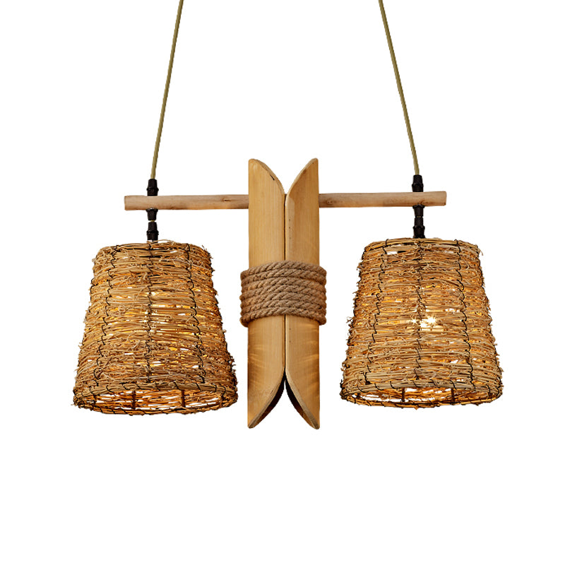 Conic Restaurant Island Ceiling Light Farm Rattan 2 Heads Beige Pendant Lamp with Bamboo Tube Decor Clearhalo 'Ceiling Lights' 'Island Lights' Lighting' 1460259