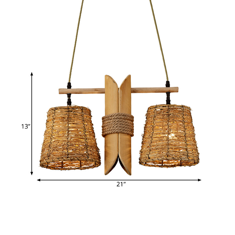 Conic Restaurant Island Ceiling Light Farm Rattan 2 Heads Beige Pendant Lamp with Bamboo Tube Decor Clearhalo 'Ceiling Lights' 'Island Lights' Lighting' 1460260
