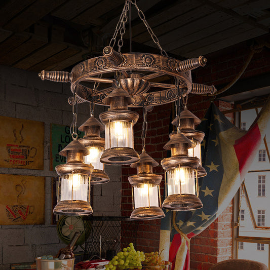 Nautical Lantern Chandelier Light Fixture 6 Heads Clear Glass Pendant Lamp in Brown with Rudder Decor Brown Clearhalo 'Cast Iron' 'Ceiling Lights' 'Chandeliers' 'Industrial Chandeliers' 'Industrial' 'Metal' 'Middle Century Chandeliers' 'Rustic Chandeliers' 'Tiffany' Lighting' 1460261
