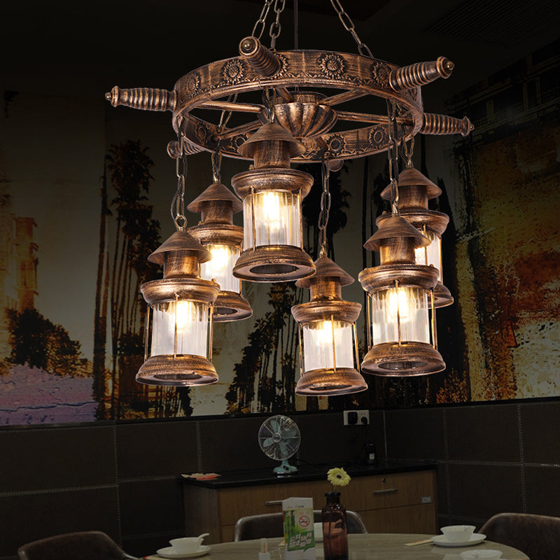 Nautical Lantern Chandelier Light Fixture 6 Heads Clear Glass Pendant Lamp in Brown with Rudder Decor Clearhalo 'Cast Iron' 'Ceiling Lights' 'Chandeliers' 'Industrial Chandeliers' 'Industrial' 'Metal' 'Middle Century Chandeliers' 'Rustic Chandeliers' 'Tiffany' Lighting' 1460262