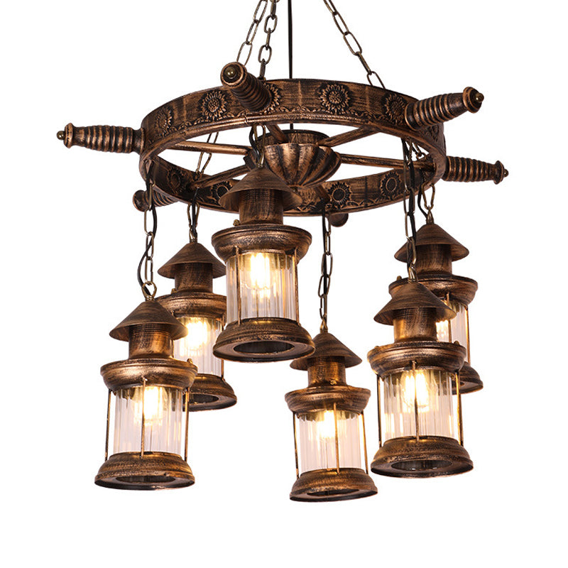 Nautical Lantern Chandelier Light Fixture 6 Heads Clear Glass Pendant Lamp in Brown with Rudder Decor Clearhalo 'Cast Iron' 'Ceiling Lights' 'Chandeliers' 'Industrial Chandeliers' 'Industrial' 'Metal' 'Middle Century Chandeliers' 'Rustic Chandeliers' 'Tiffany' Lighting' 1460264