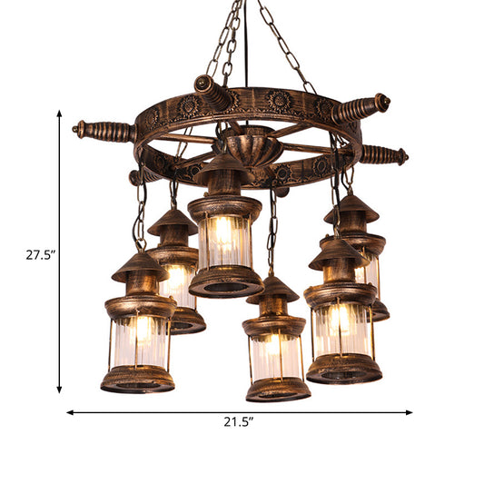 Nautical Lantern Chandelier Light Fixture 6 Heads Clear Glass Pendant Lamp in Brown with Rudder Decor Clearhalo 'Cast Iron' 'Ceiling Lights' 'Chandeliers' 'Industrial Chandeliers' 'Industrial' 'Metal' 'Middle Century Chandeliers' 'Rustic Chandeliers' 'Tiffany' Lighting' 1460265