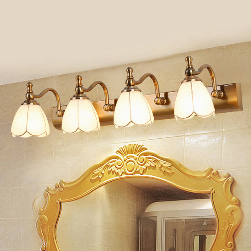 Flower Ivory Glass Vanity Light Colonial Style 1/2/3-Bulb Bathroom Wall Mounted Lighting in Gold 4.0 Gold Clearhalo 'Vanity Lights' 'Wall Lights' Lighting' 1460311