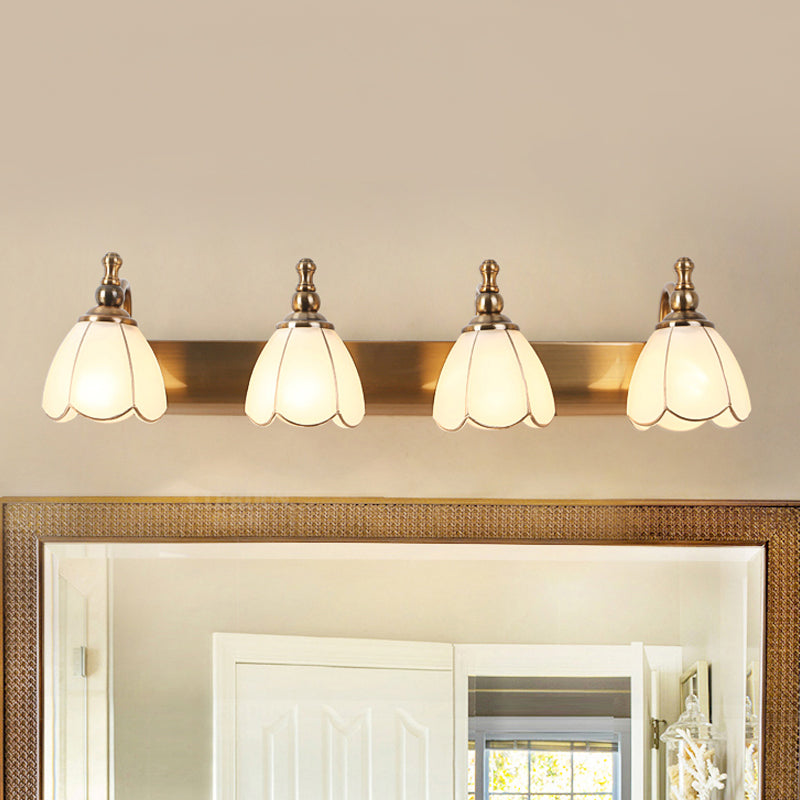 Flower Ivory Glass Vanity Light Colonial Style 1/2/3-Bulb Bathroom Wall Mounted Lighting in Gold Clearhalo 'Vanity Lights' 'Wall Lights' Lighting' 1460312