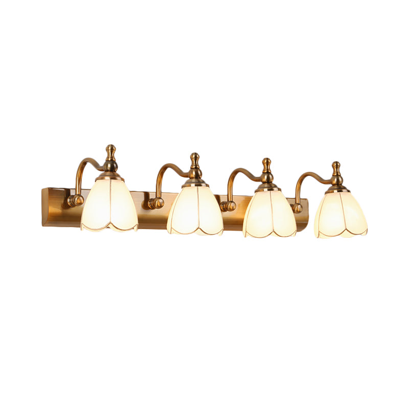 Flower Ivory Glass Vanity Light Colonial Style 1/2/3-Bulb Bathroom Wall Mounted Lighting in Gold Clearhalo 'Vanity Lights' 'Wall Lights' Lighting' 1460313